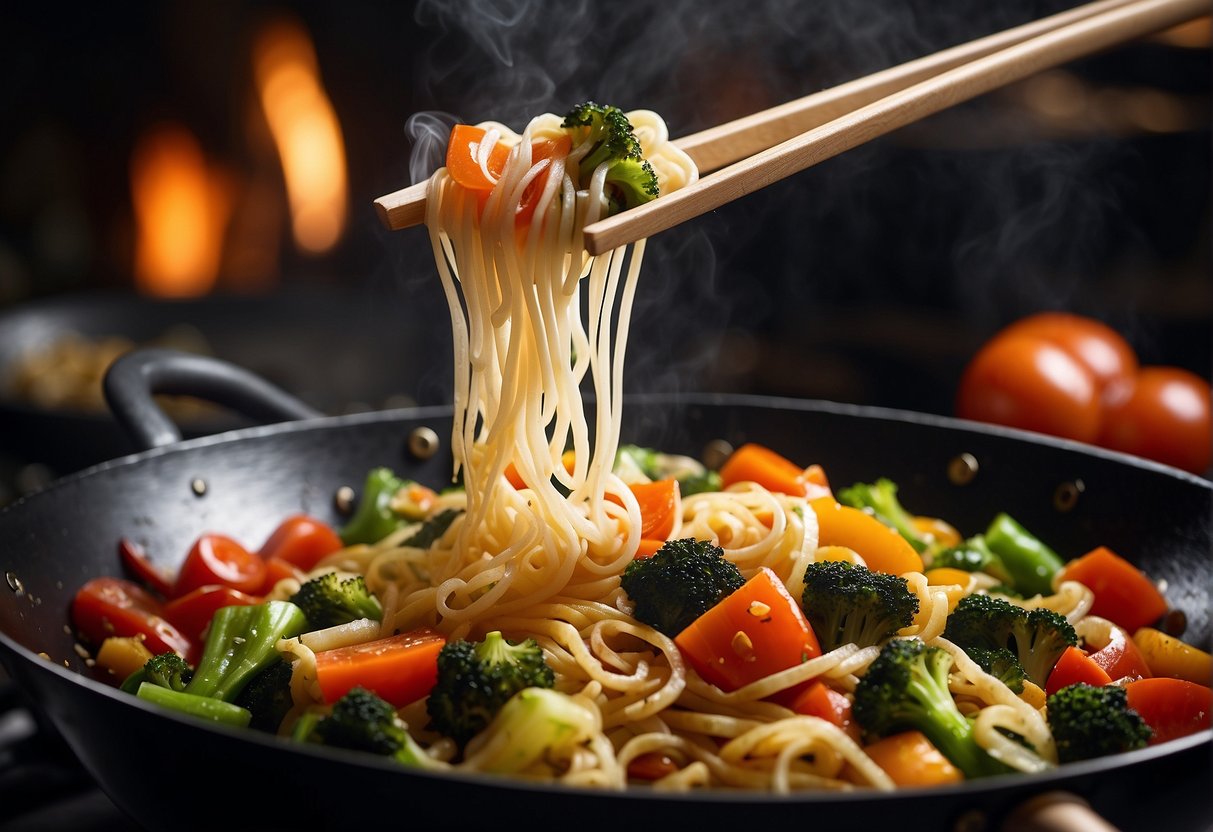 A wok sizzles with colorful vegetables and noodles, being tossed and stir-fried in a fragrant blend of soy sauce and spices