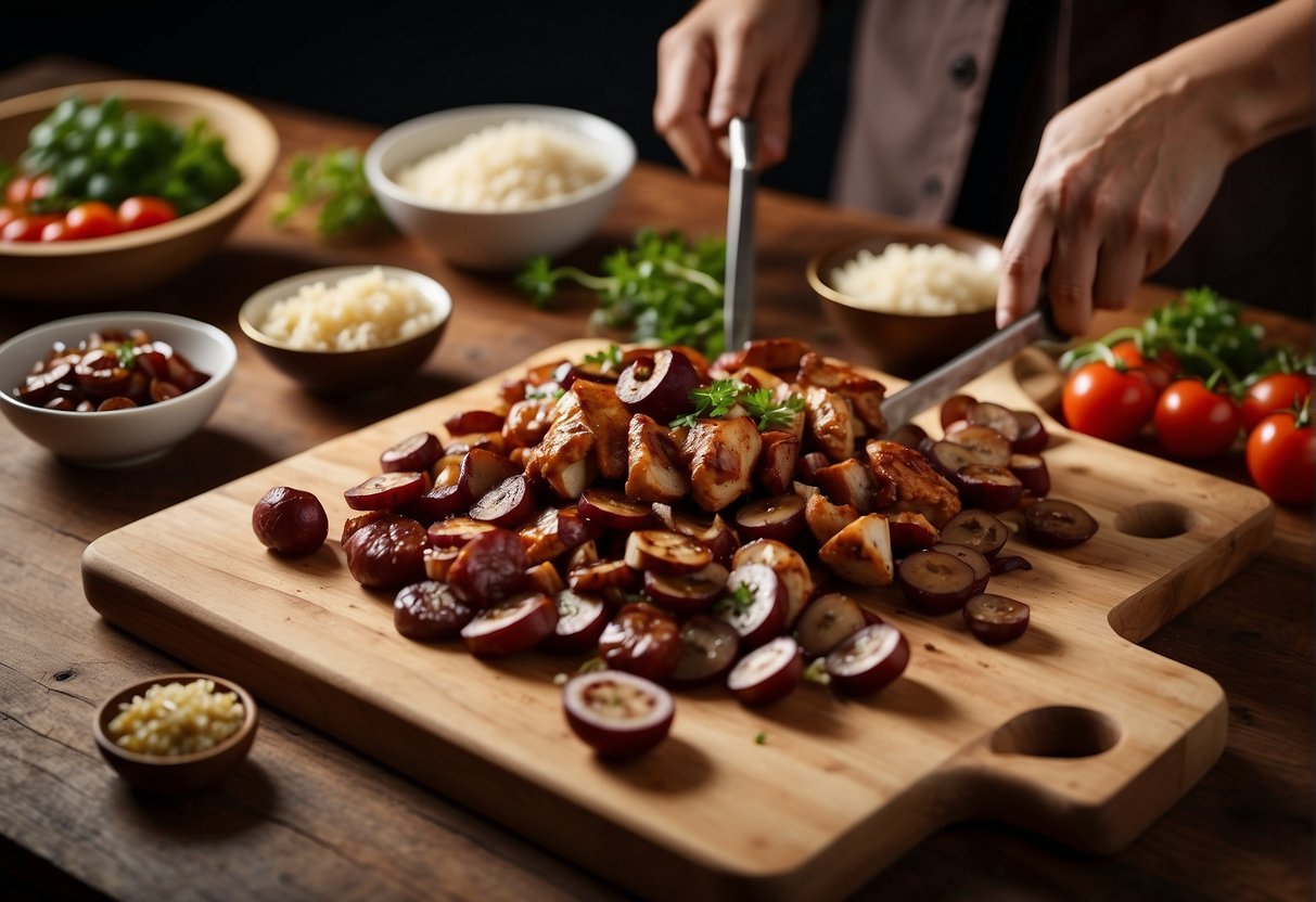 Chicken, Chinese sausage, and mushrooms are being chopped and marinated in a flavorful sauce. Ingredients are laid out on a cutting board with a knife and bowls nearby