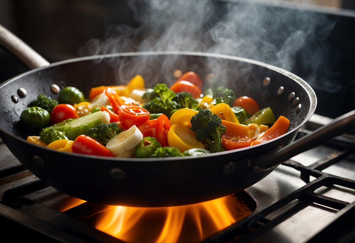 Various colorful vegetables sizzle in a wok over high heat, with steam rising and the aroma of ginger and garlic filling the air