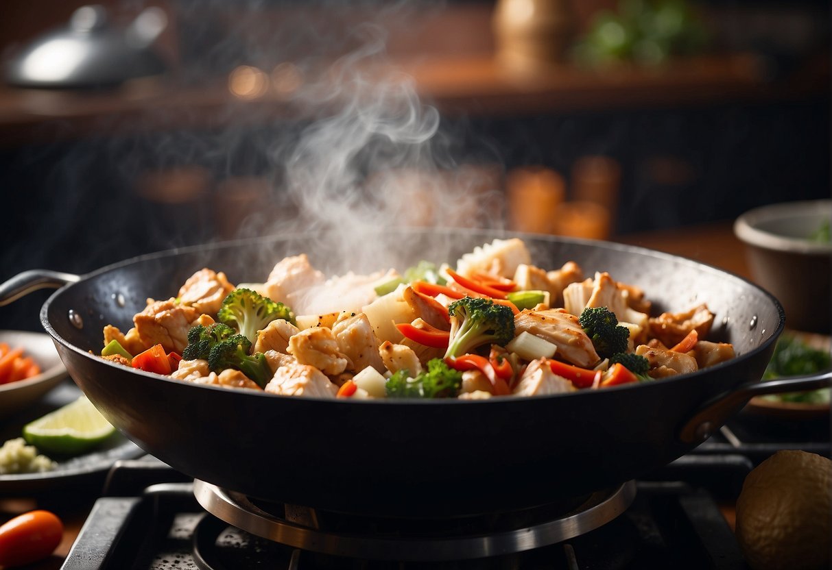 A steaming wok sizzles with diced chicken and cauliflower, as a chef adds aromatic Chinese spices