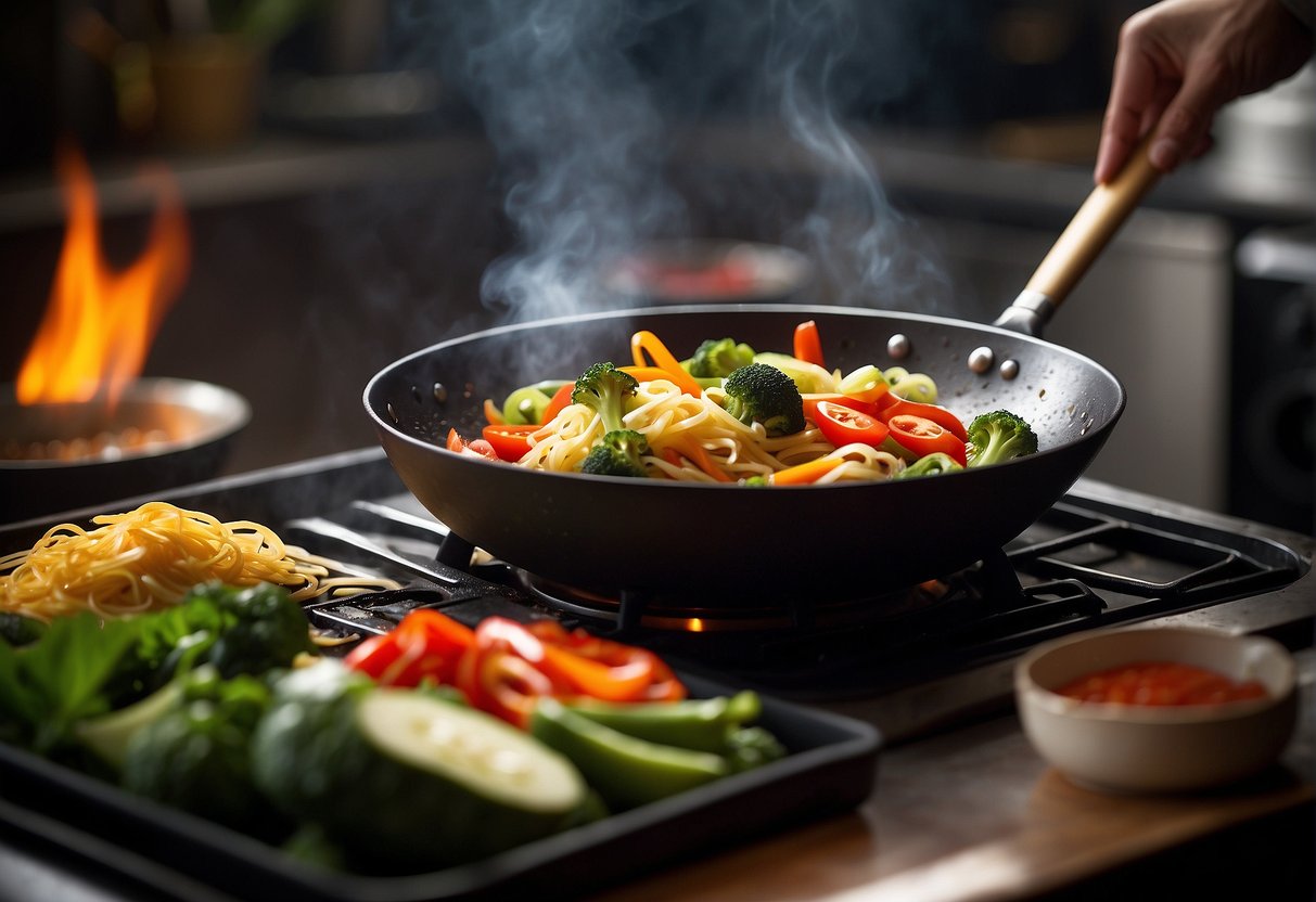 A wok sizzles with colorful vegetables and noodles, coated in a savory sauce. Steam rises from the fragrant stir fry as it cooks over a hot flame