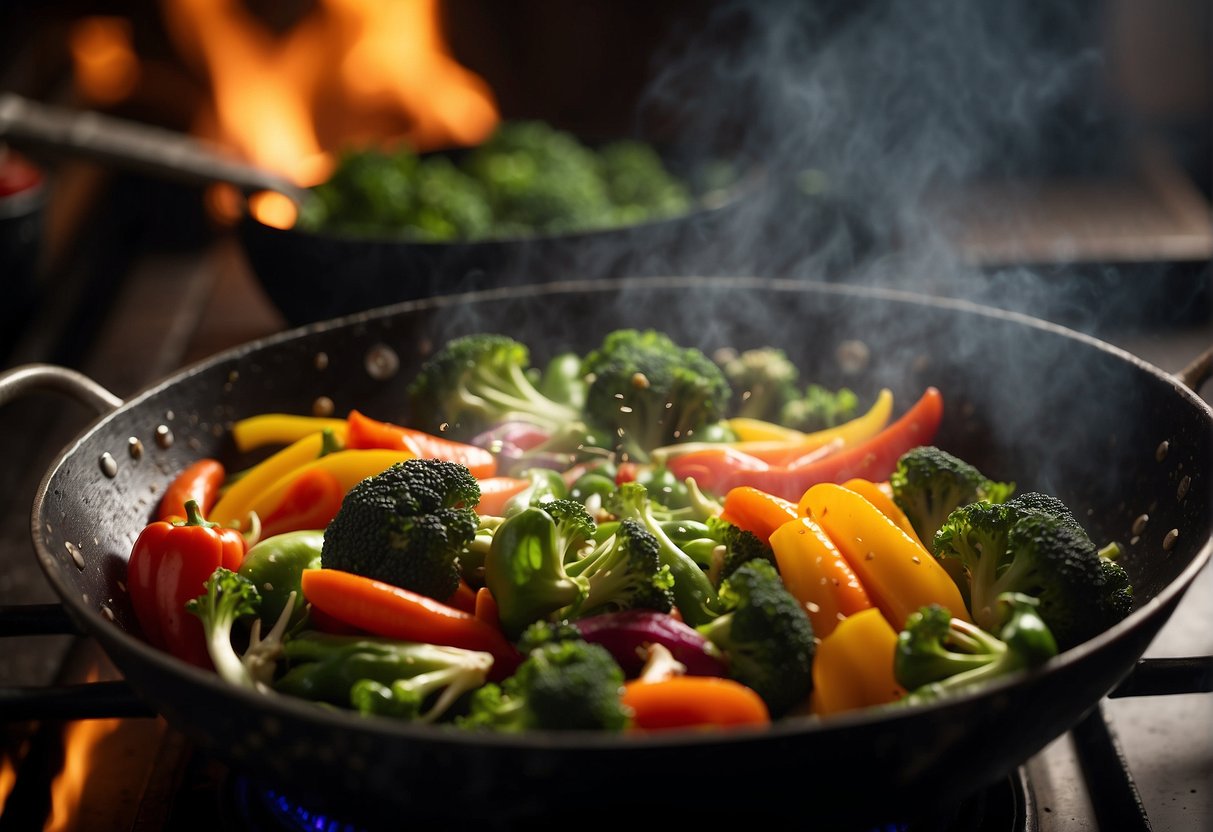 Fresh vegetables sizzling in a hot wok, steam rising as they are tossed with soy sauce and garlic. A colorful array of broccoli, bell peppers, snap peas, and carrots
