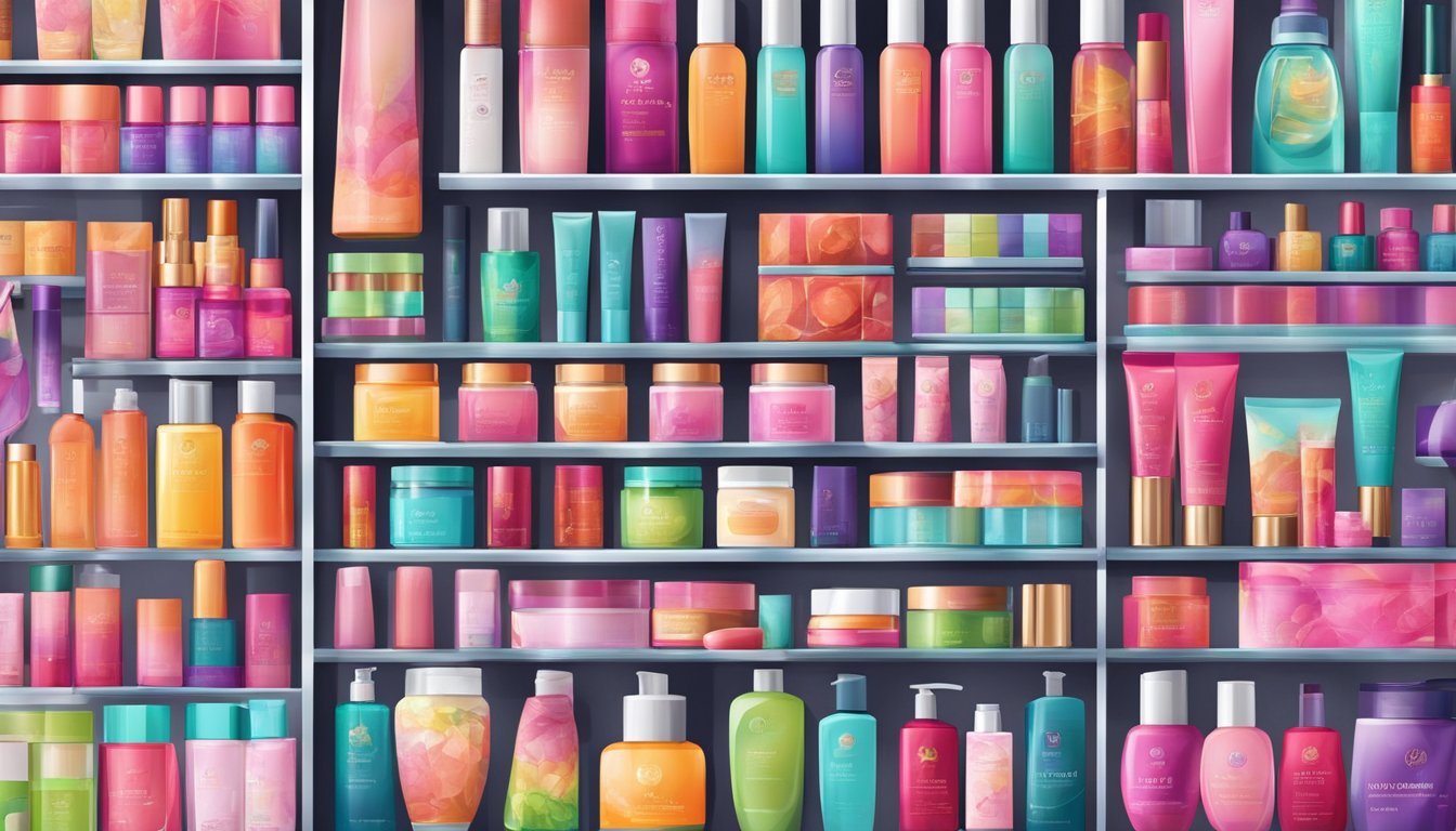 A colorful array of Singapore beauty products displayed on shelves, with sleek packaging and vibrant colors