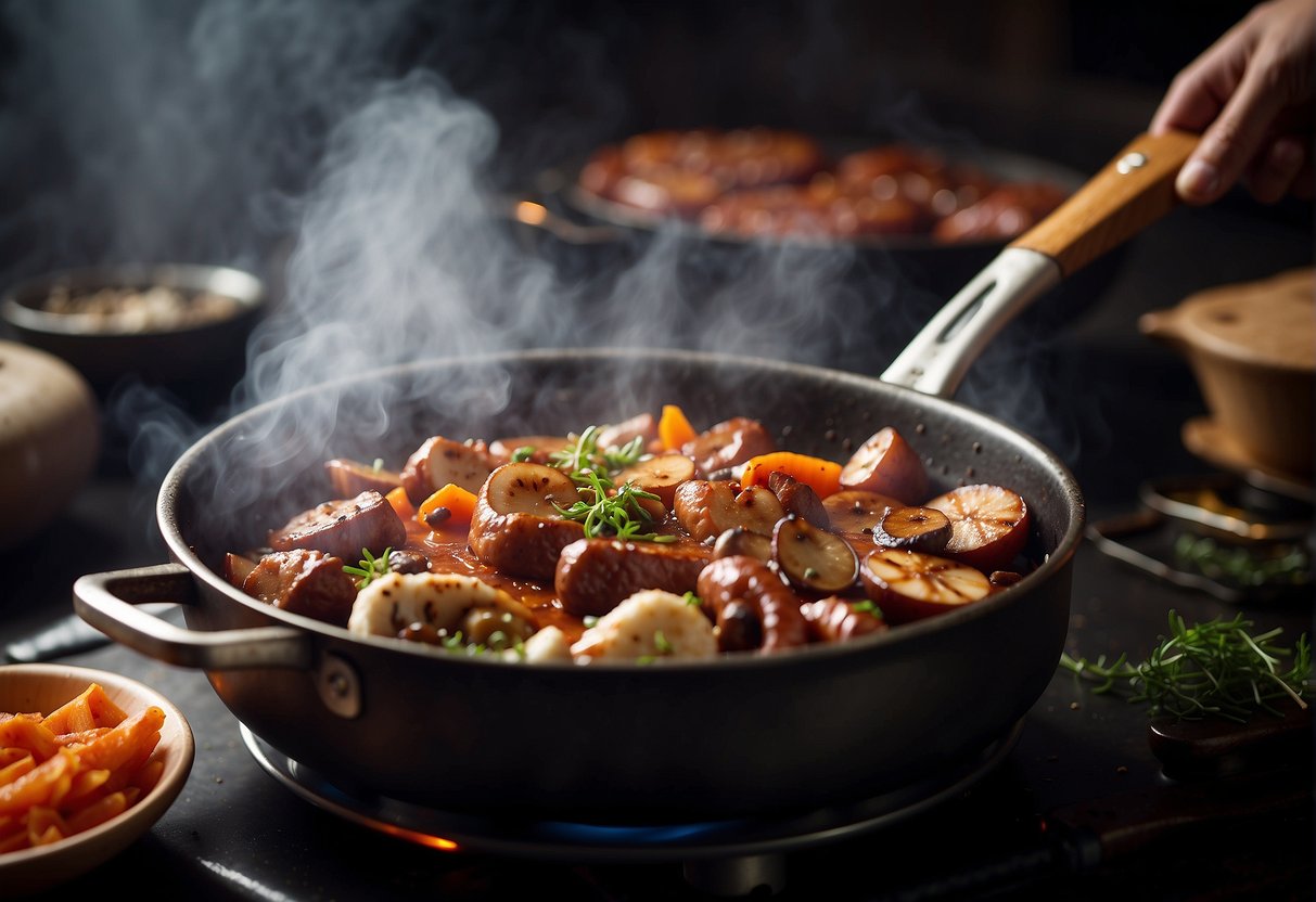 Sizzling chicken, Chinese sausage, and mushrooms in a hot pan. Steam rising, vibrant colors, and aromatic spices fill the air