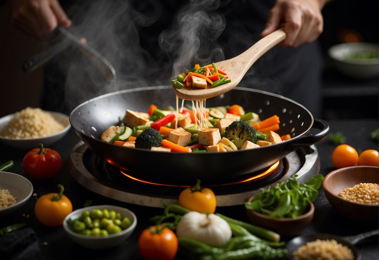A wok sizzles with colorful vegetables and tofu. Steam rises as a spatula tosses the ingredients. A bottle of soy sauce sits nearby