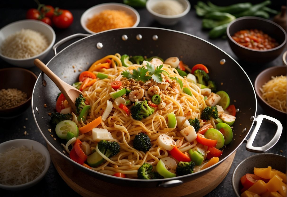 A wok sizzles with colorful vegetables and noodles being tossed in a fragrant sauce, surrounded by bowls of chopped ingredients and bottles of seasoning