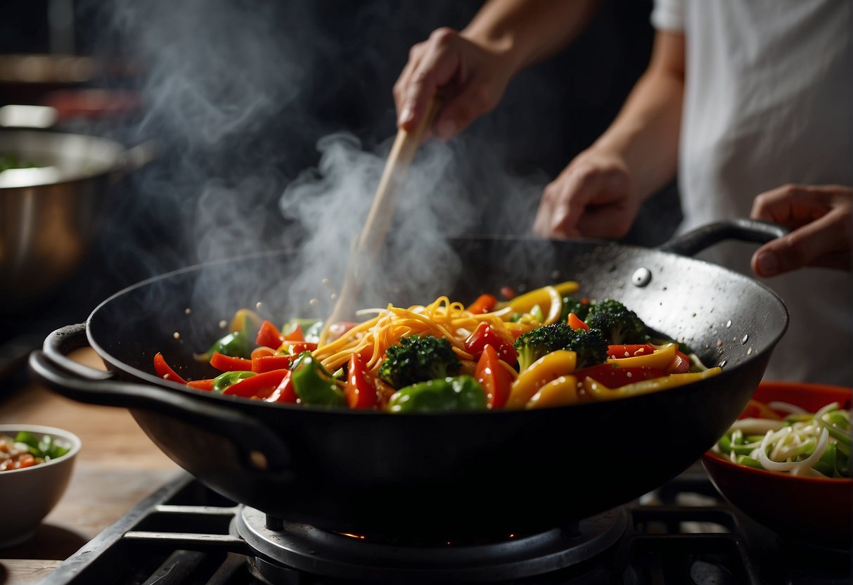 A wok sizzles with colorful vegetables, being tossed and stir-fried in a flavorful Chinese sauce. Steam rises as the ingredients are expertly mixed and cooked over high heat