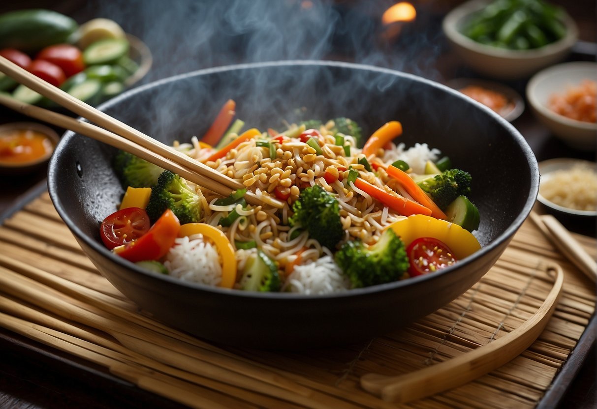 A sizzling wok of colorful vegetables, glistening in a savory sauce, surrounded by steaming rice and chopsticks on a bamboo placemat