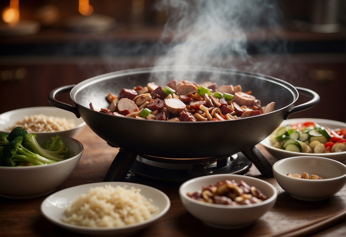 A steaming wok sizzles with diced Chinese sausage, sliced mushrooms, and marinated chicken, surrounded by scattered recipe cards labeled "Frequently Asked Questions."
