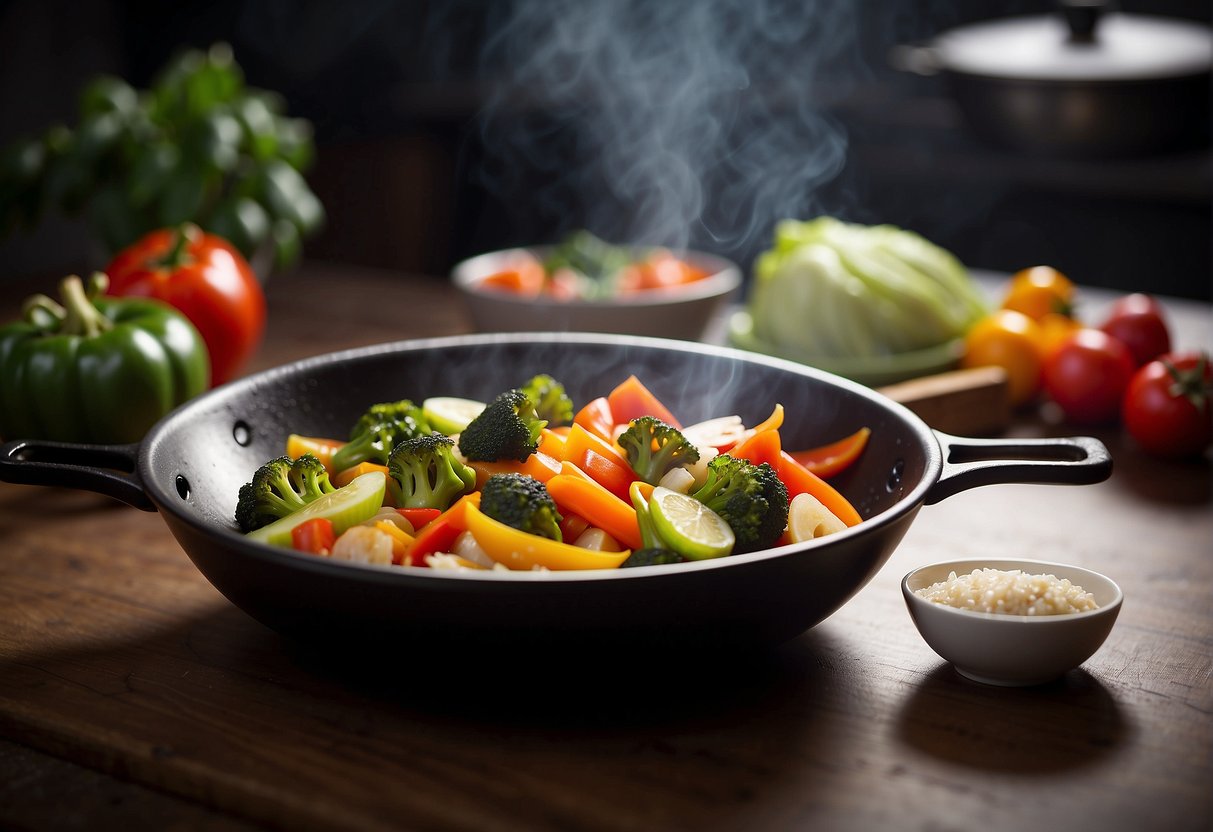 A wok sizzles with colorful vegetables and lean protein, emitting fragrant aromas. A nutrition label stands nearby, displaying the dish's healthful stats