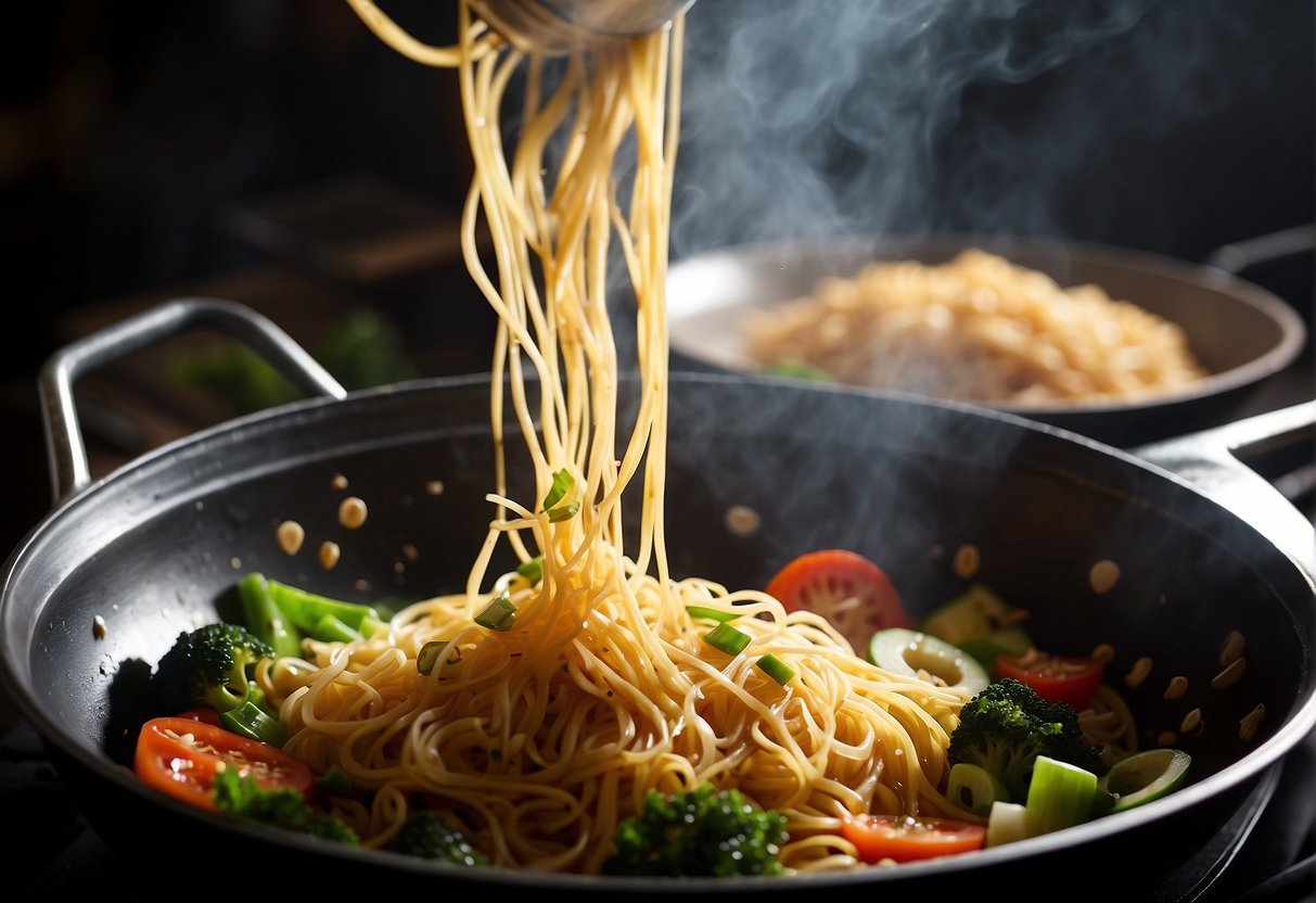 A sizzling wok tosses vibrant vegetables and noodles in a fragrant blend of soy sauce, garlic, and ginger. Steam rises as the noodles soak up the savory flavors, creating a mouthwatering dish