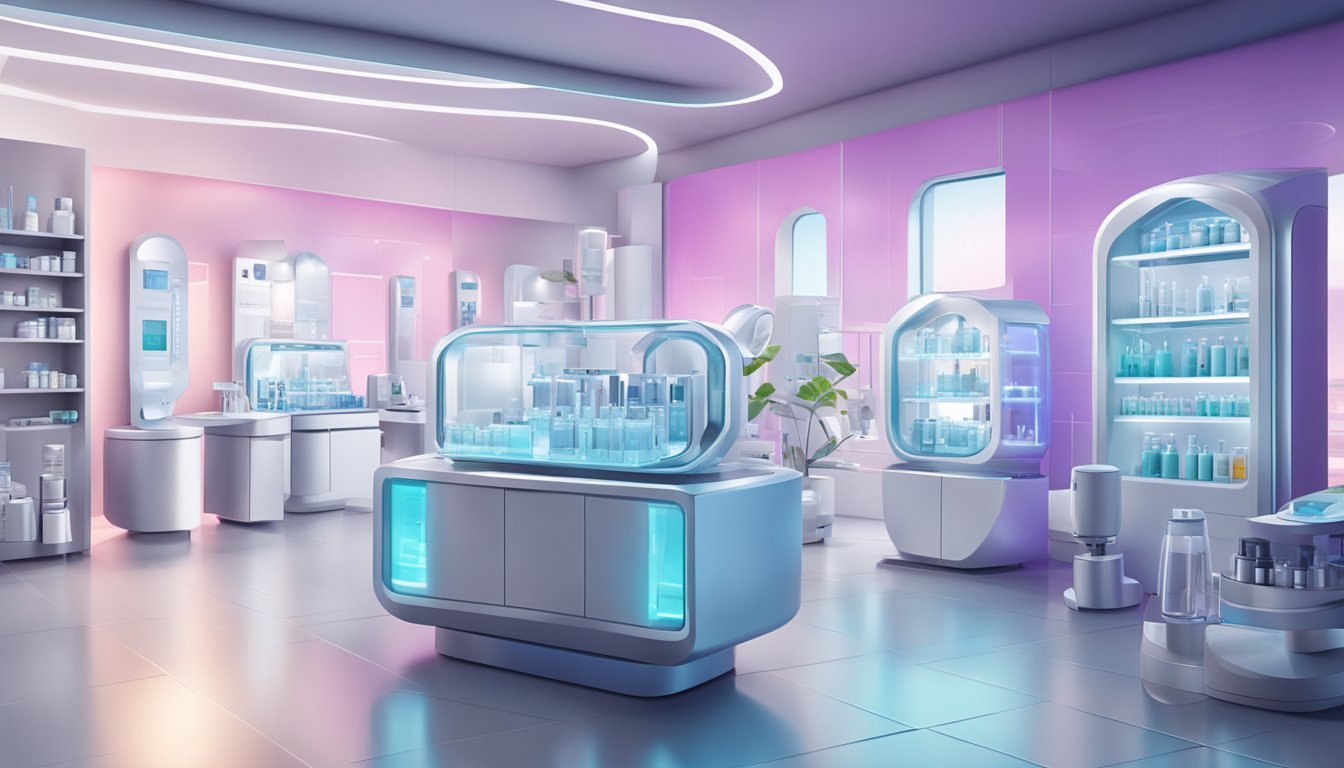 A sleek, modern skincare lab with high-tech equipment and futuristic packaging