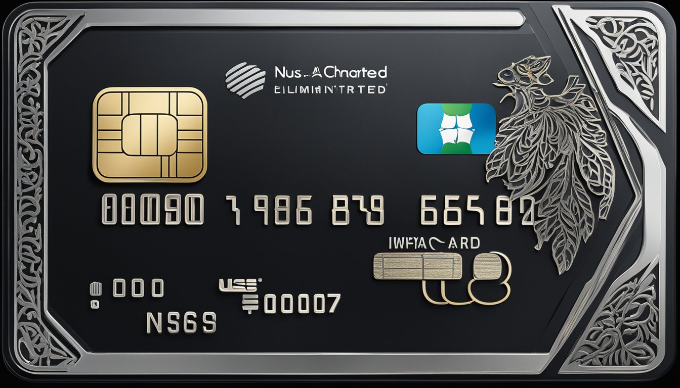 A gleaming platinum credit card rests on a sleek black surface, with the Standard Chartered and NUS Alumni logos prominently displayed. The card exudes an aura of exclusivity and prestige