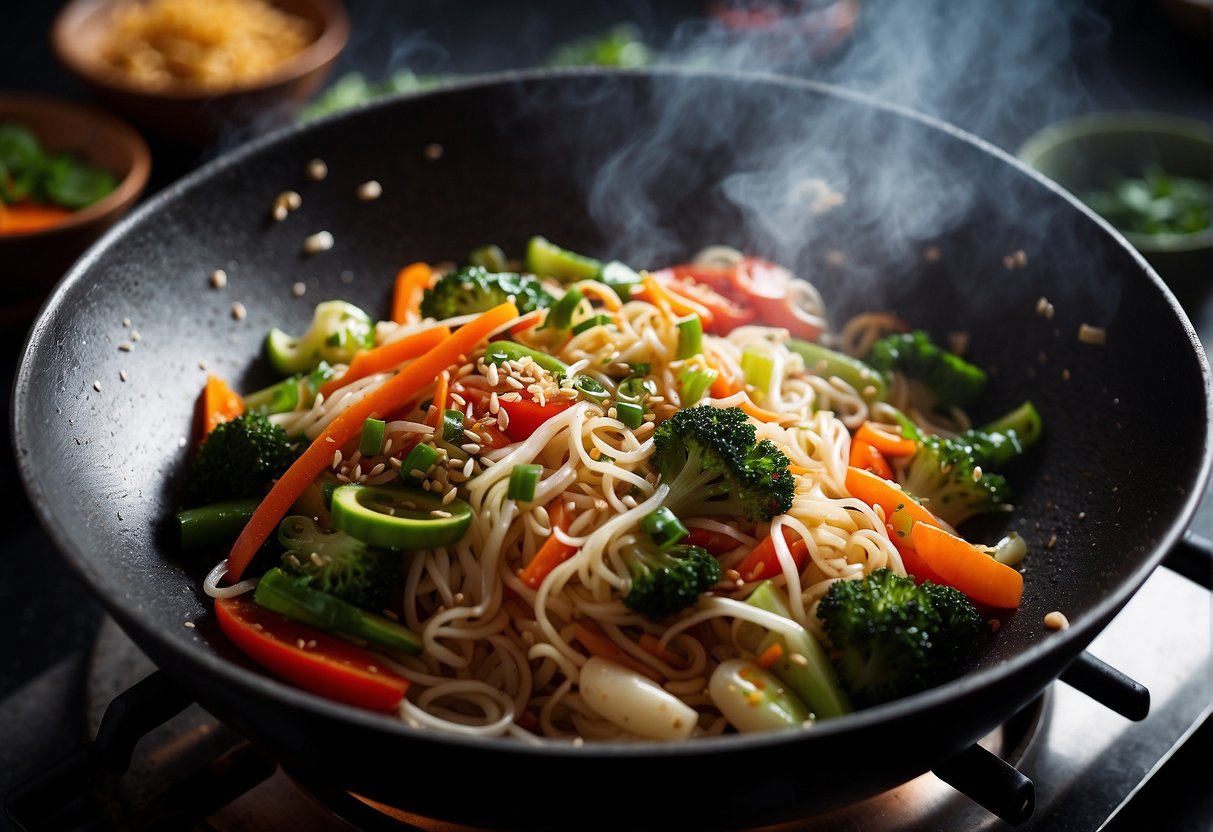A sizzling wok filled with colorful stir-fried vegetables and steaming noodles, garnished with sesame seeds and fresh herbs