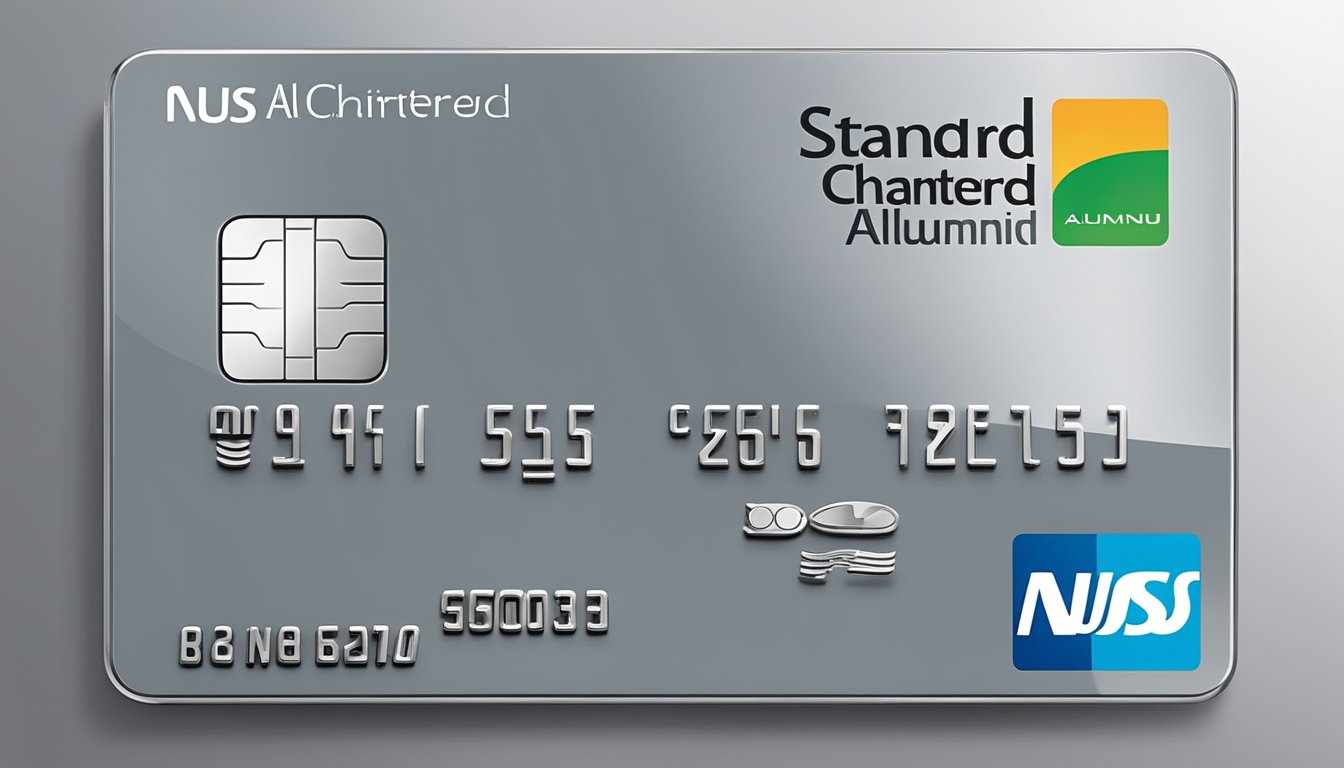 A sleek platinum credit card with the Standard Chartered and NUS Alumni logos prominently displayed. The card offers exclusive benefits and rewards