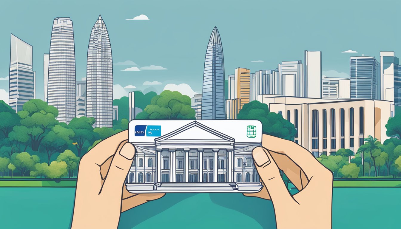 A hand holding a Standard Chartered NUS Alumni Platinum Card with NUS campus and iconic Singapore landmarks in the background