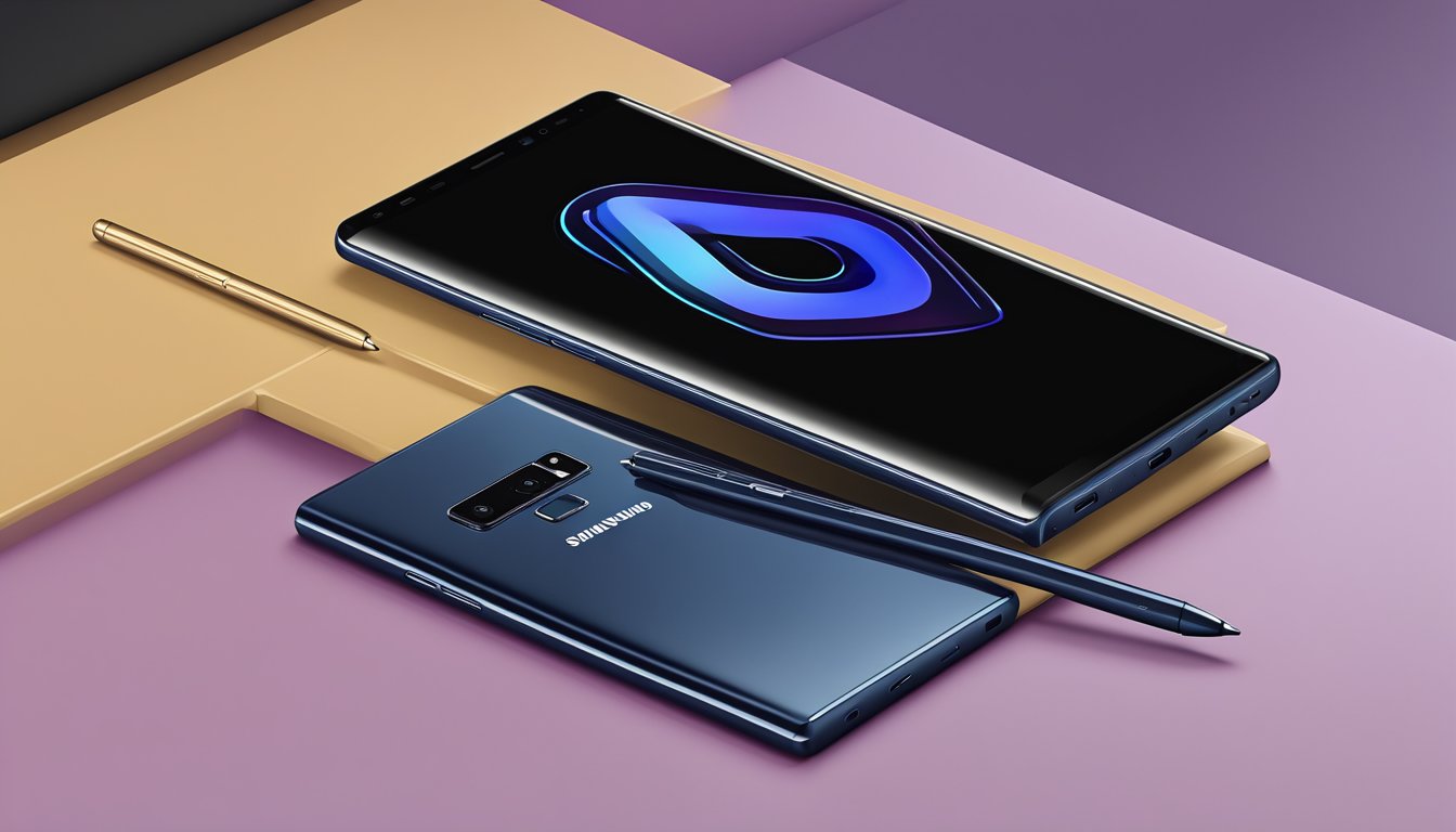 A brand new Samsung Note 9 sits on a sleek, modern desk with a clean, minimalist background