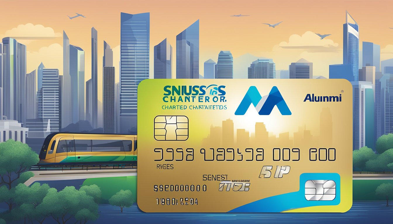 A credit card with "Fees and Charges Standard Chartered NUS Alumni Platinum Card" printed on it, surrounded by NUS and Standard Chartered logos, against a backdrop of the Singapore skyline