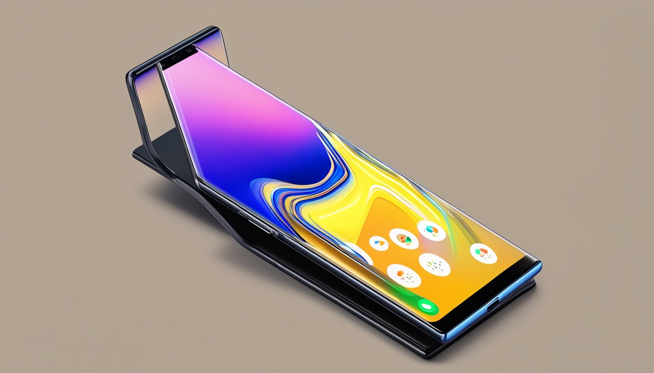 A sleek Samsung Note 9 is showcased on a clean, modern display stand