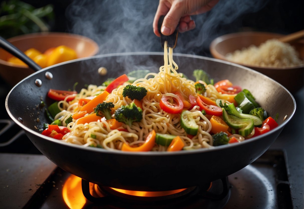 A wok sizzles with colorful vegetables and noodles being tossed in a fragrant sauce. Steam rises as the ingredients are expertly mixed together