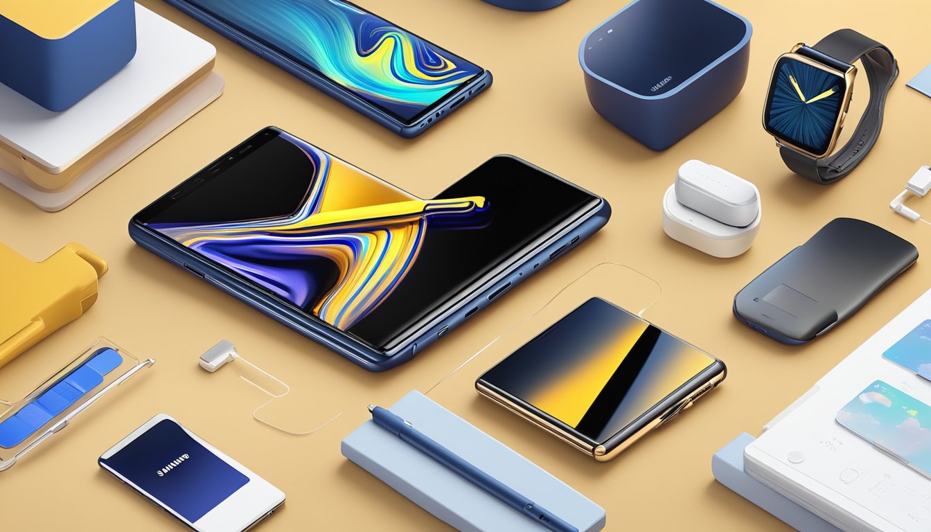 A brand new Samsung Note 9 is displayed on a sleek, modern table, surrounded by high-tech gadgets and accessories