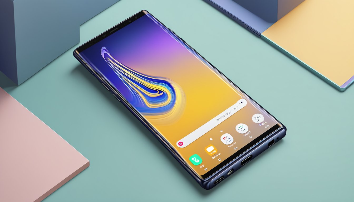 A brand new Samsung Note 9 is displayed with a sleek camera and photography theme