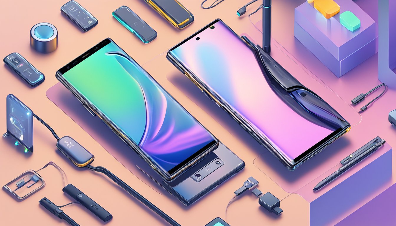A brand new Samsung Note 9 surrounded by various connectivity and sensor icons, representing its advanced technology