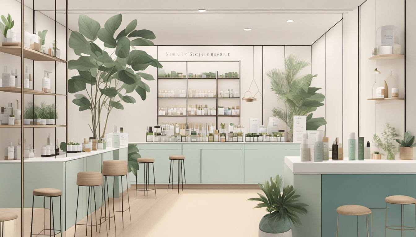 A serene, minimalist skincare studio with sleek, modern branding and natural elements, showcasing Beauty Beyond Skincare's Singapore beauty brands