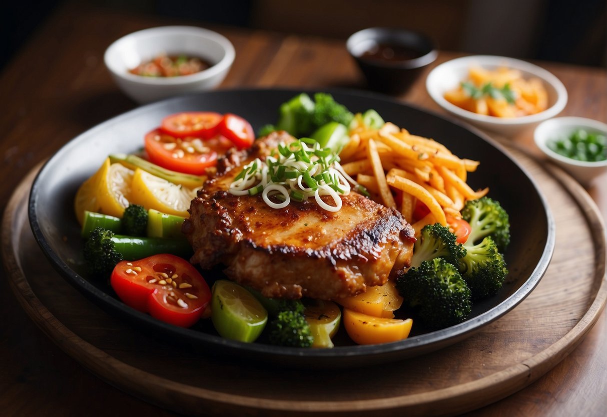 A sizzling hot plate with crispy chicken chop, surrounded by colorful stir-fried vegetables and a savory Chinese-style sauce