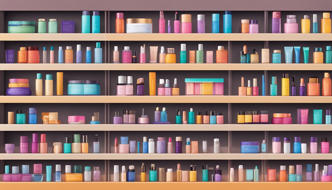 A colorful array of beauty products arranged neatly on a sleek, modern display shelf. Bright, eye-catching packaging with the words "Frequently Asked Questions" prominently displayed