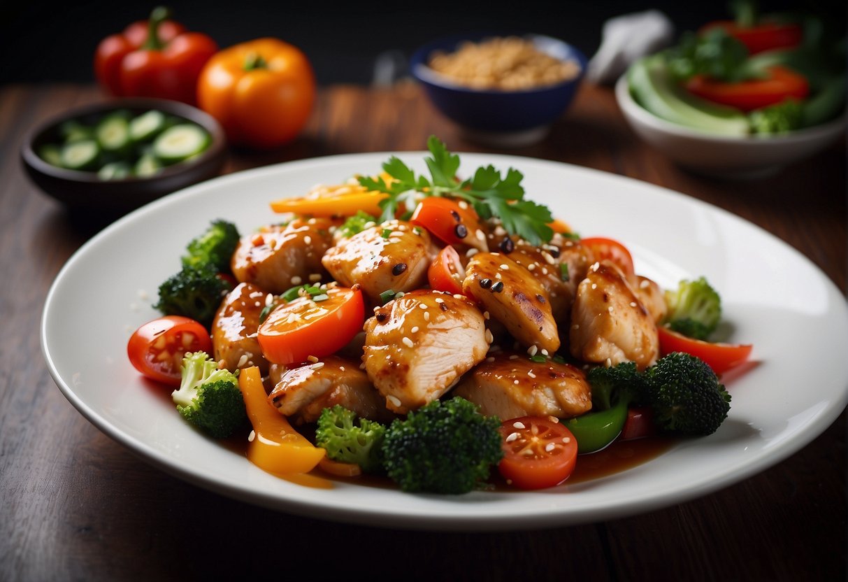 A sizzling hot wok stir-frying marinated chicken with colorful vegetables and aromatic Chinese spices