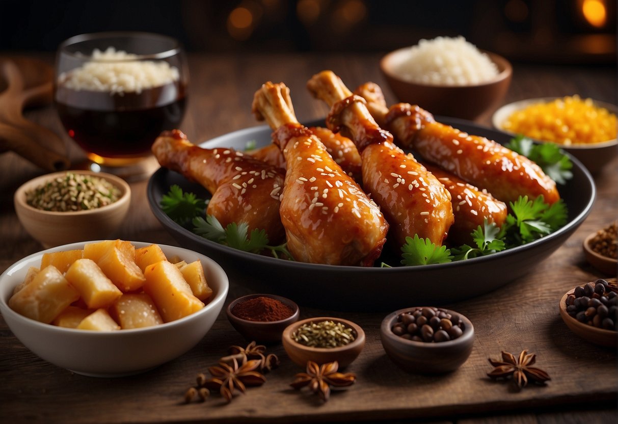 A table set with a plate of chicken drumsticks glazed with Chinese 5 spice, surrounded by ingredients like soy sauce, ginger, and star anise