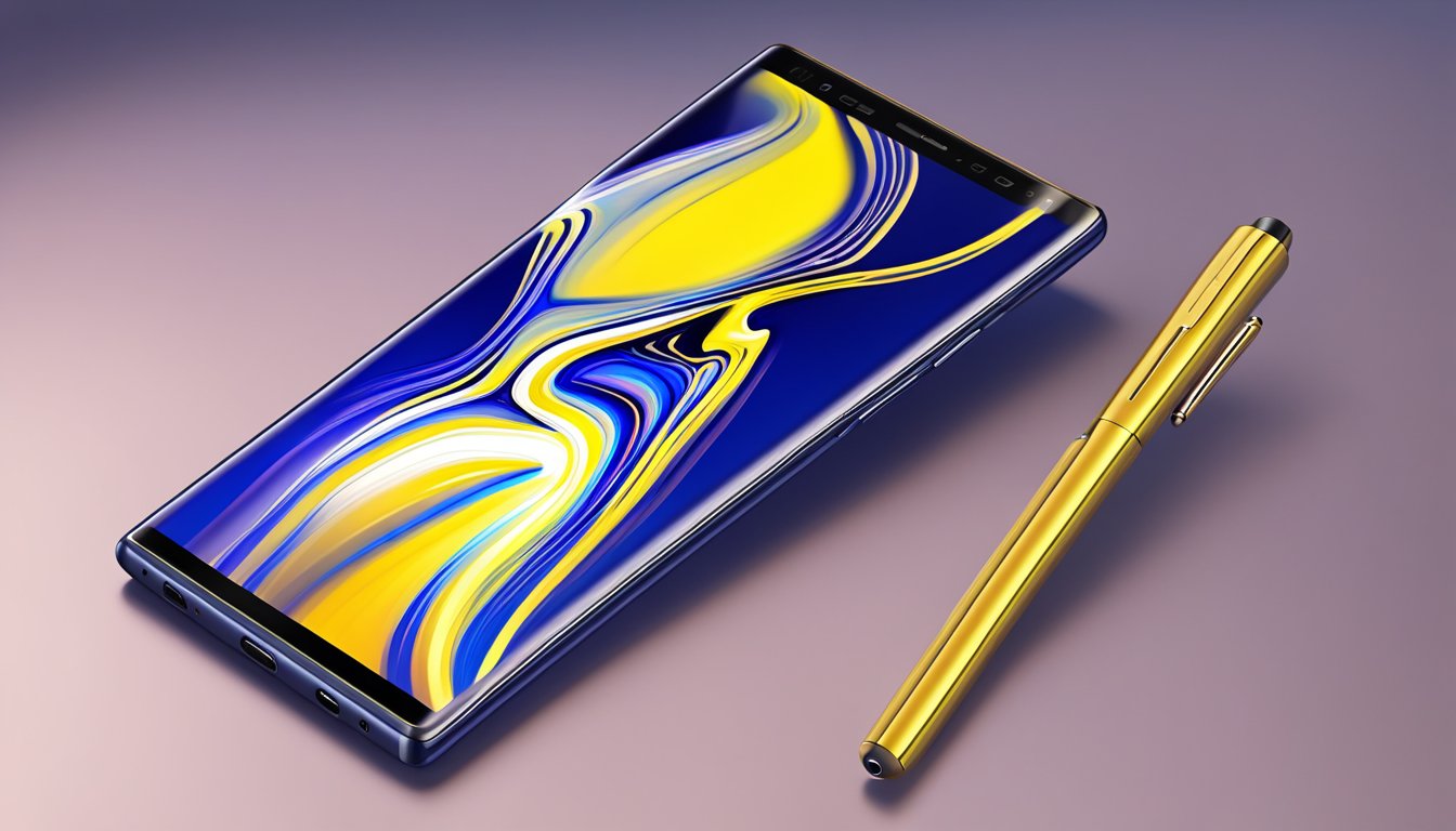 A brand new Samsung Note 9 with its unique features and accessories, such as the stylus pen and dual camera, displayed on a clean, modern surface