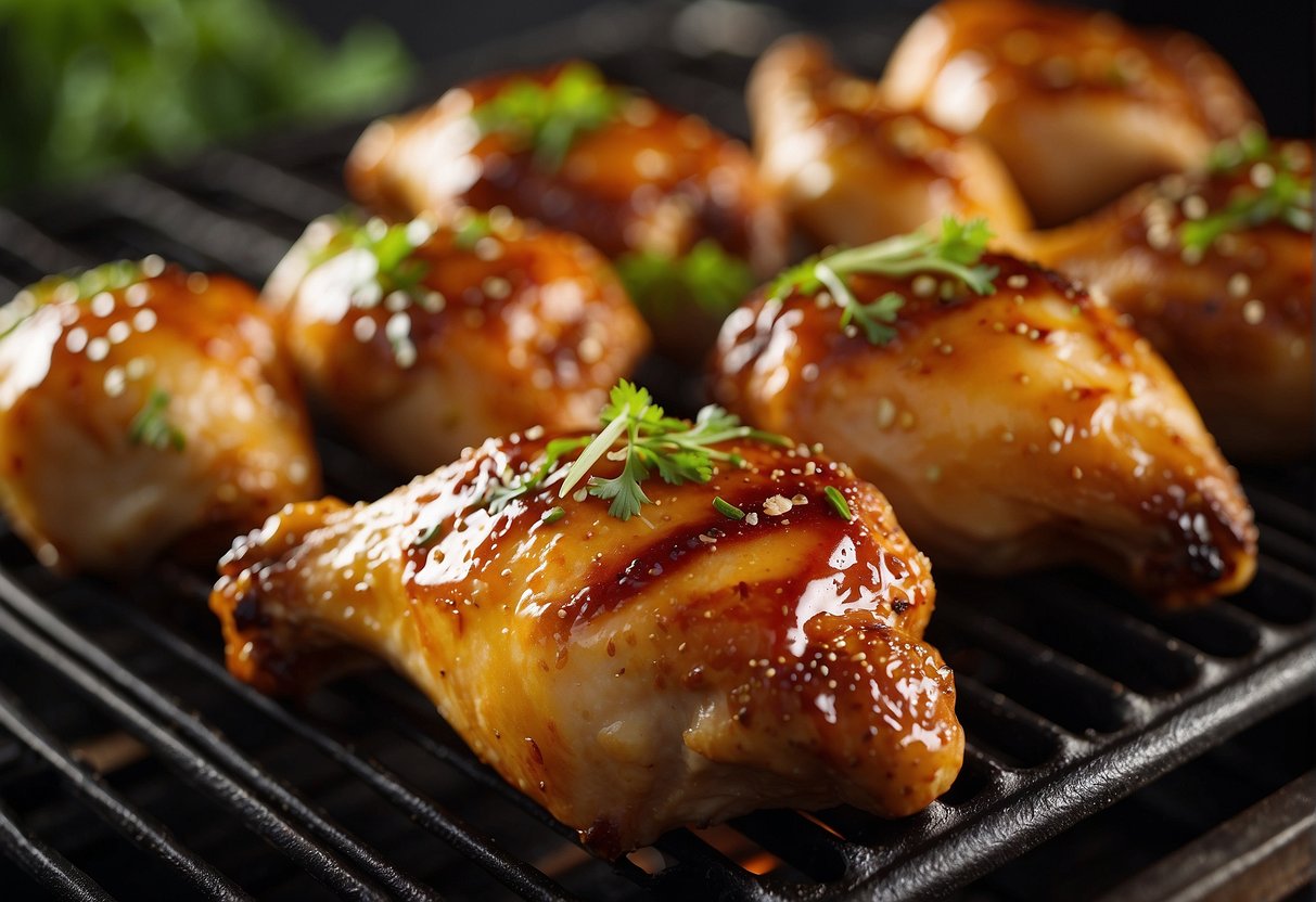 Chicken drumsticks marinated in Chinese five spice, soy sauce, and ginger. Aromatic steam rises from the sizzling drumsticks on a hot grill