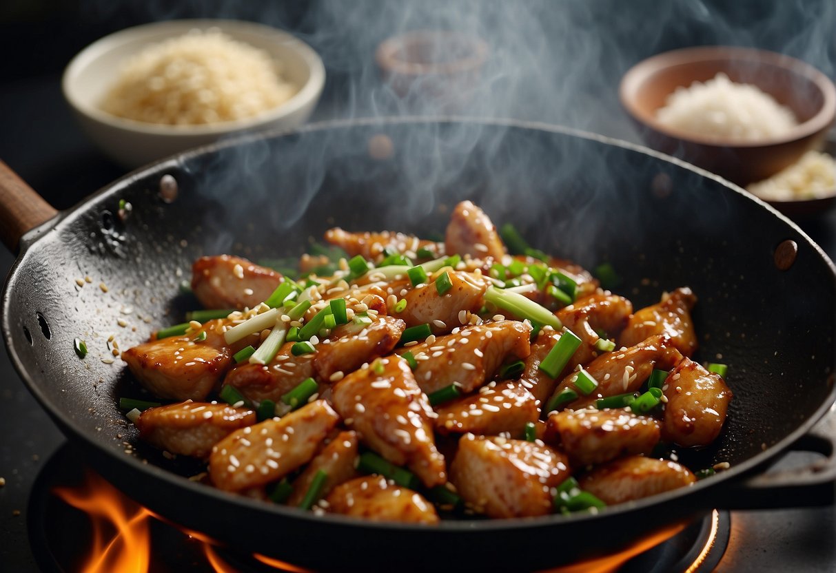 A sizzling hot wok with marinated chicken, ginger, and garlic being stir-fried in soy sauce and Chinese cooking wine. Green onions and sesame seeds sprinkled on top