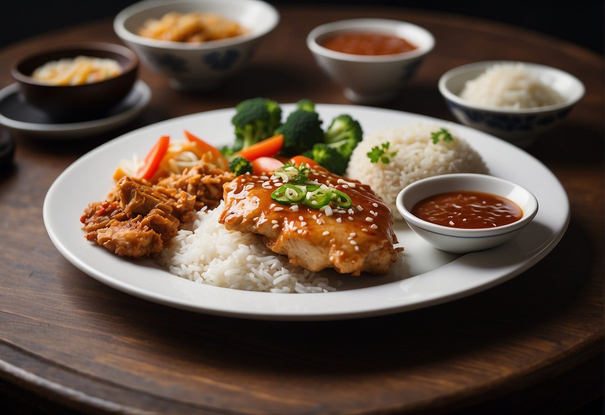 A plate of Chinese-style chicken chop with visible vegetables and a side of rice, accompanied by a small bowl of sauce
