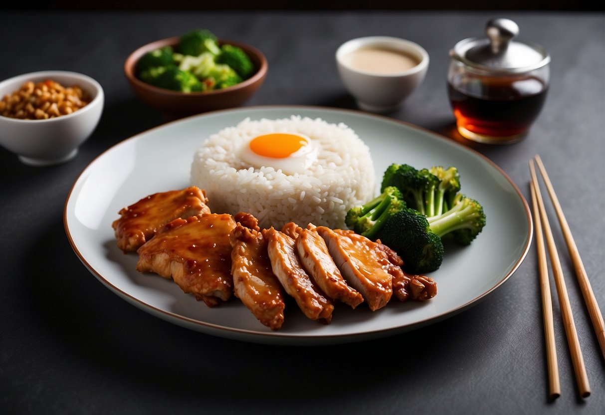 A plate of Chinese-style chicken chop with a side of steamed vegetables and a bowl of white rice, accompanied by a pair of chopsticks and a small dish of soy sauce