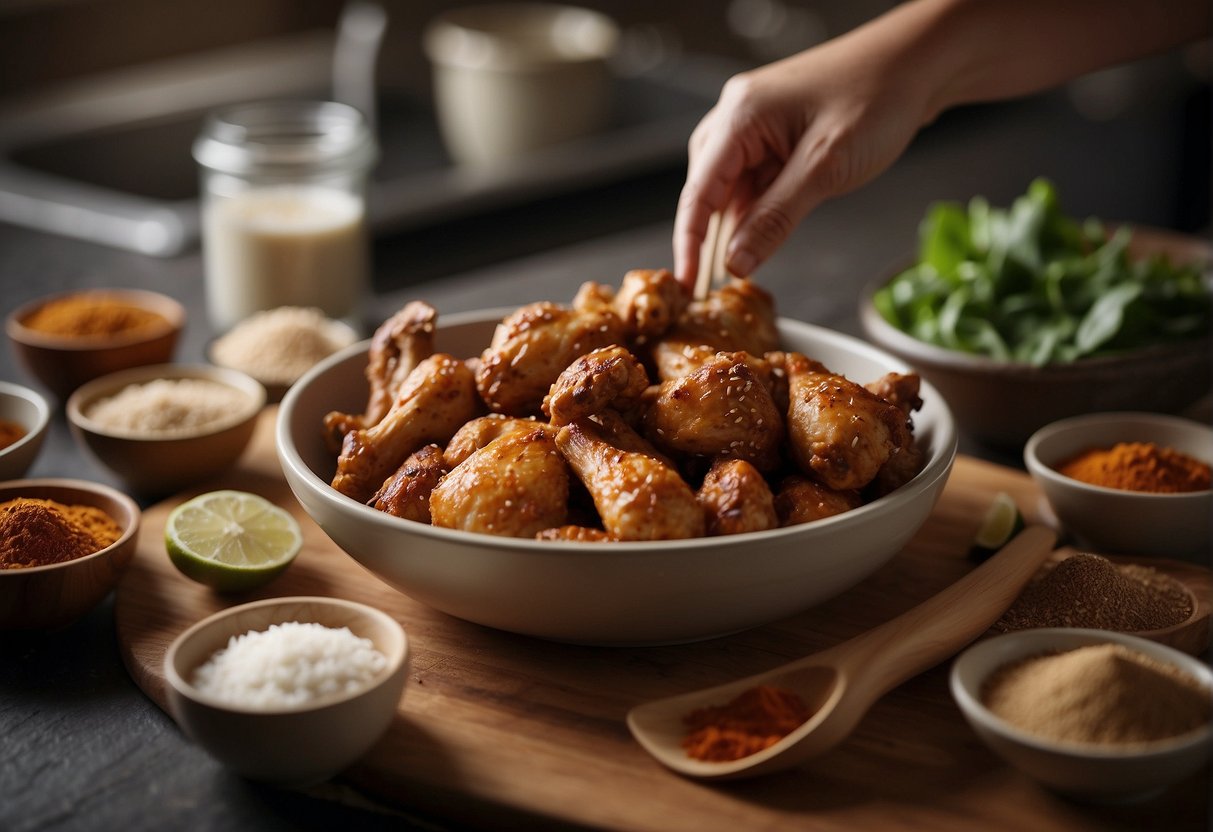 A hand reaches for a bowl of Chinese 5 spice as chicken drumsticks sit on a cutting board, ready to be marinated. Ingredients and utensils are laid out on the kitchen counter