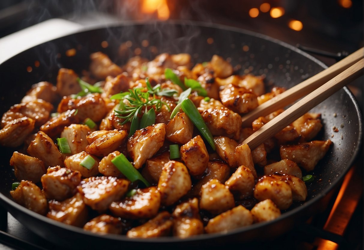 A sizzling hot wok filled with marinated chicken pieces, stir-frying with garlic, ginger, and soy sauce, creating a tantalizing aroma