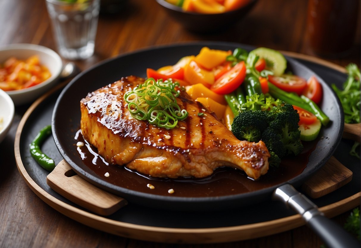A sizzling hot plate with a golden-brown chicken chop, surrounded by vibrant stir-fried vegetables and drizzled with a savory Chinese-style sauce
