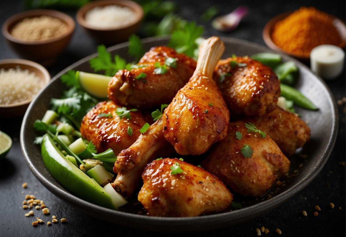 A sizzling chicken drumstick coated in aromatic Chinese 5 spice, surrounded by vibrant ingredients like ginger, garlic, and green onions