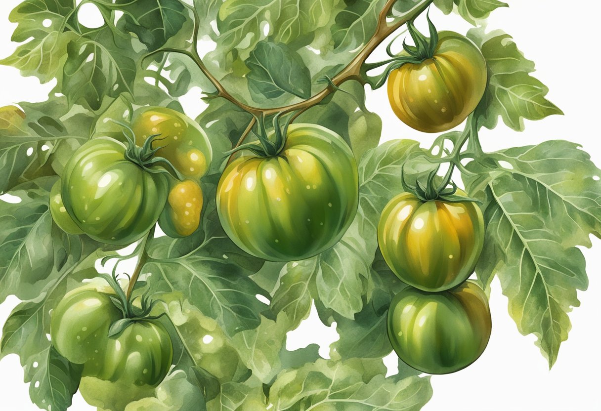 Green tomato leaves with brown spots of rust, scattered across the surface