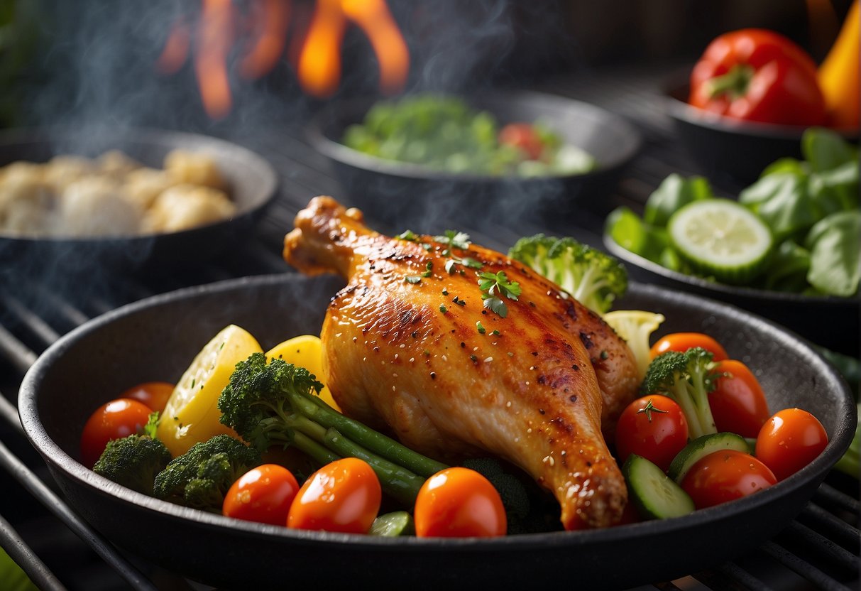 A chicken drumstick seasoned with Chinese 5 spice, surrounded by vibrant vegetables and herbs, sizzling on a hot grill