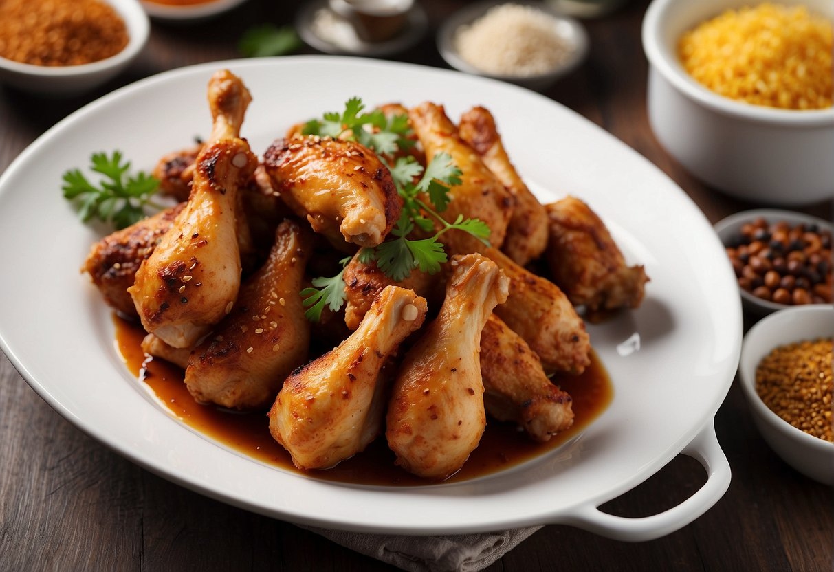 A plate of chicken drumsticks seasoned with Chinese 5 spice, surrounded by various social media icons representing sharing and tips