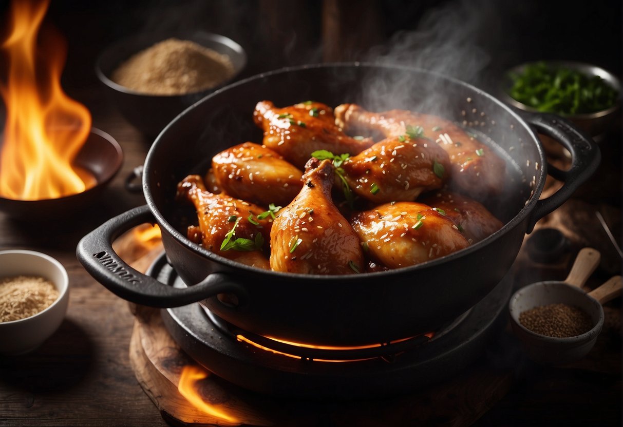 A sizzling chicken drumstick surrounded by Chinese 5 spice, with a steaming pot and various cooking utensils in the background