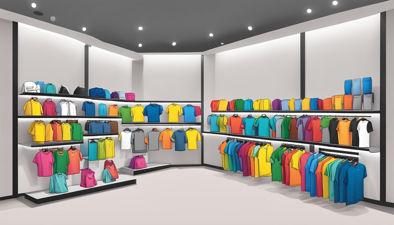A colorful array of Singapore t-shirts arranged in a modern retail display