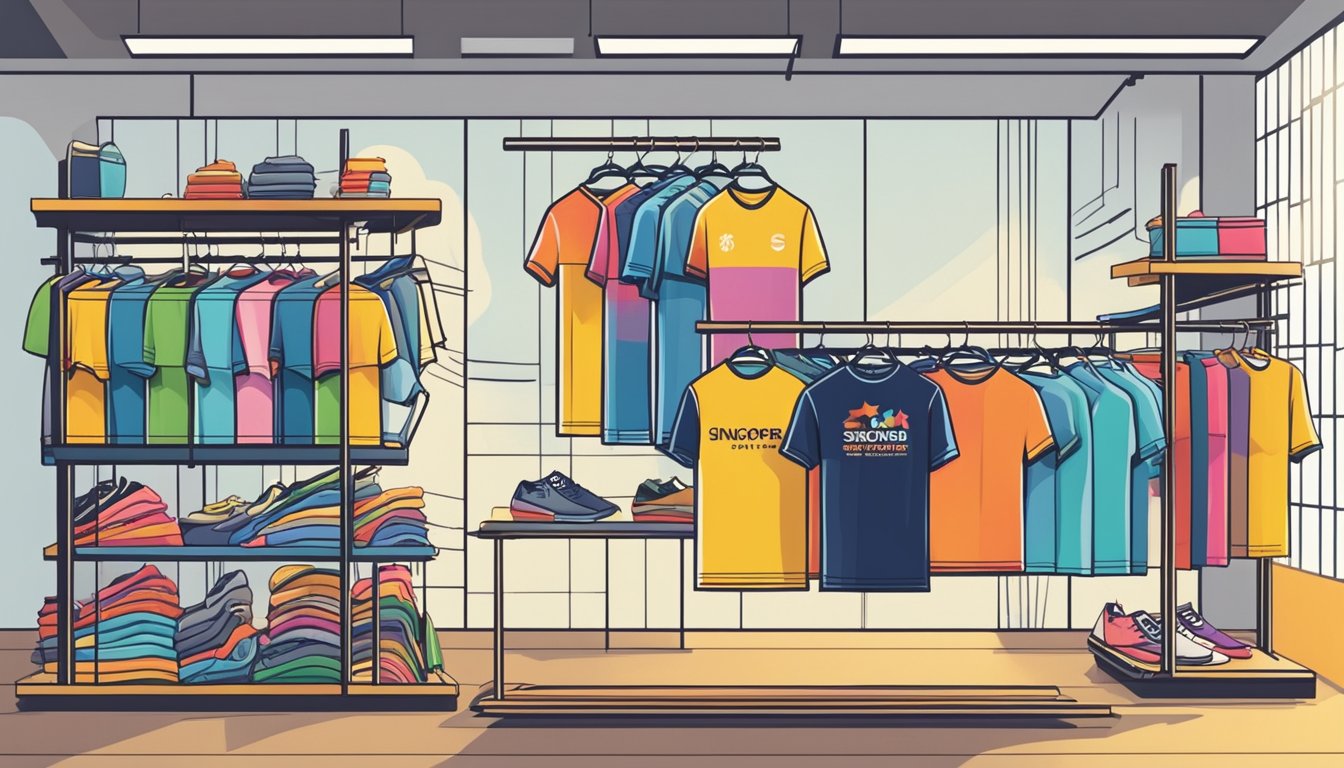 A colorful array of Singaporean t-shirts displayed on racks in a trendy boutique, showcasing the latest designs and styles from emerging local brands