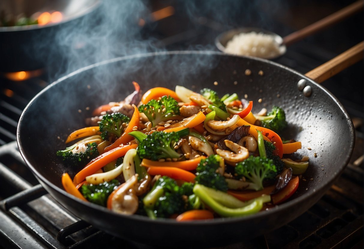 A wok sizzles as colorful Chinese vegetables are stir-fried with oyster sauce, emitting savory aromas