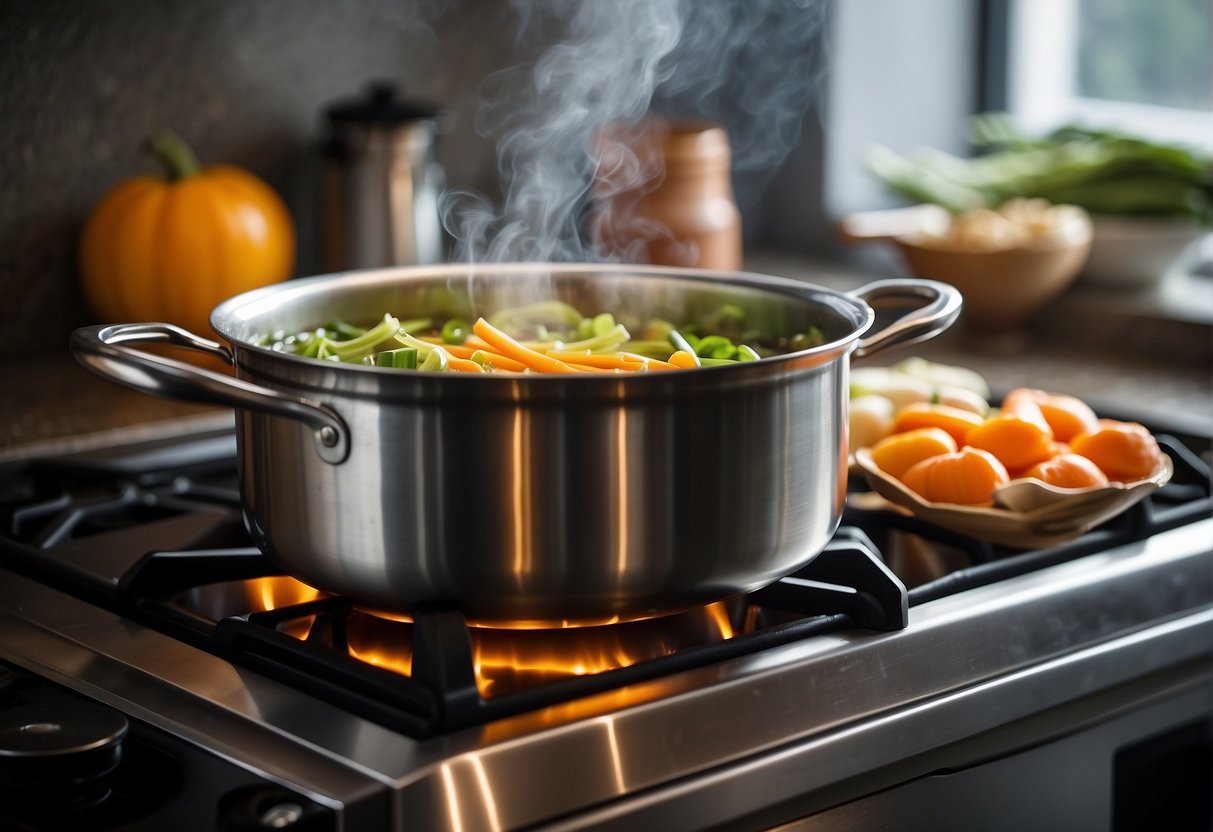 A pot simmers on a stove, filled with a clear, fragrant Chinese vegetable stock. Carrot, onion, ginger, and other vegetables float in the liquid