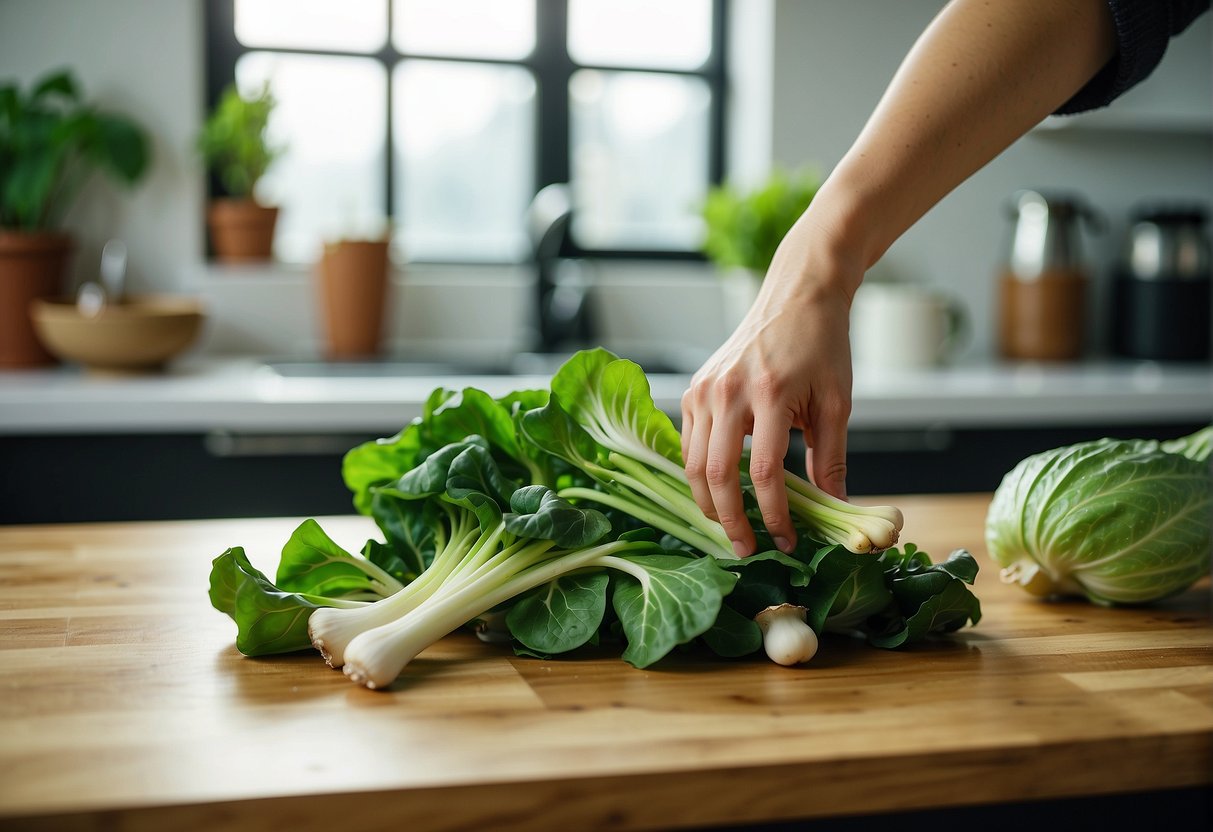 A hand reaches for bok choy, shiitake mushrooms, and oyster sauce on a kitchen counter